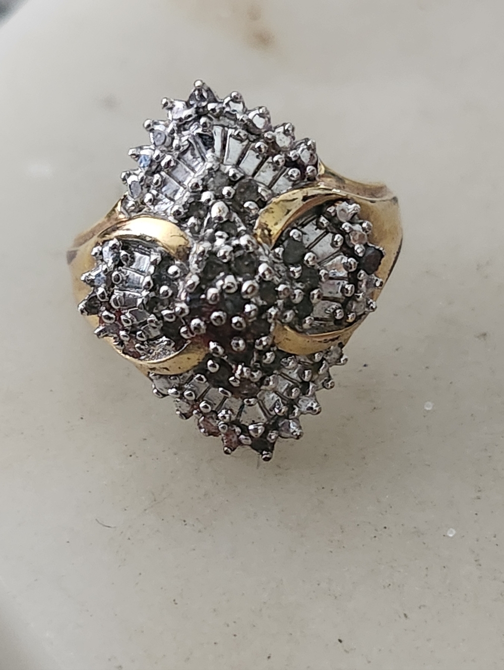 Vintage JWBR Gold and Silver-Tone Diamond Cluster Cocktail Ring Size 6-7